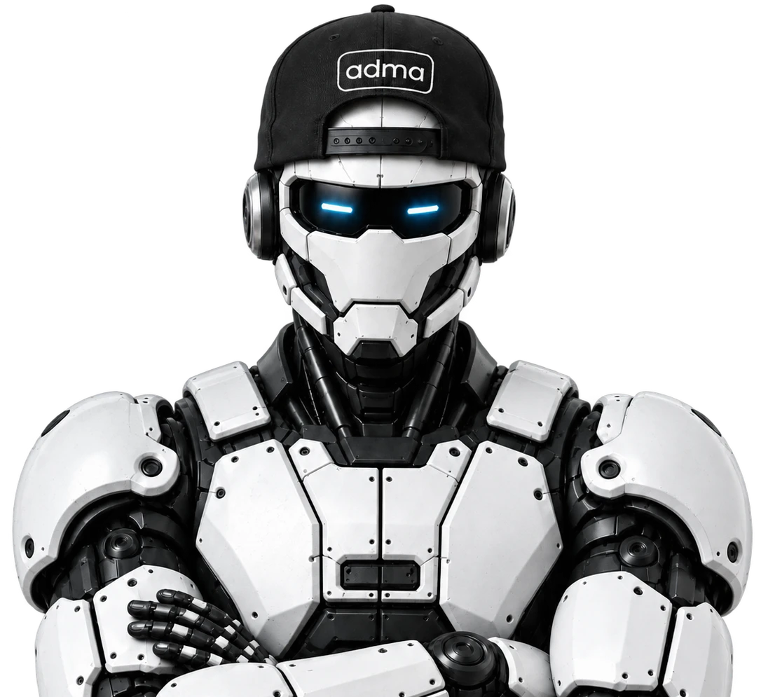 The ADMA robot, wearing a black ADMA cap, glowing blue eyes, arms crossed