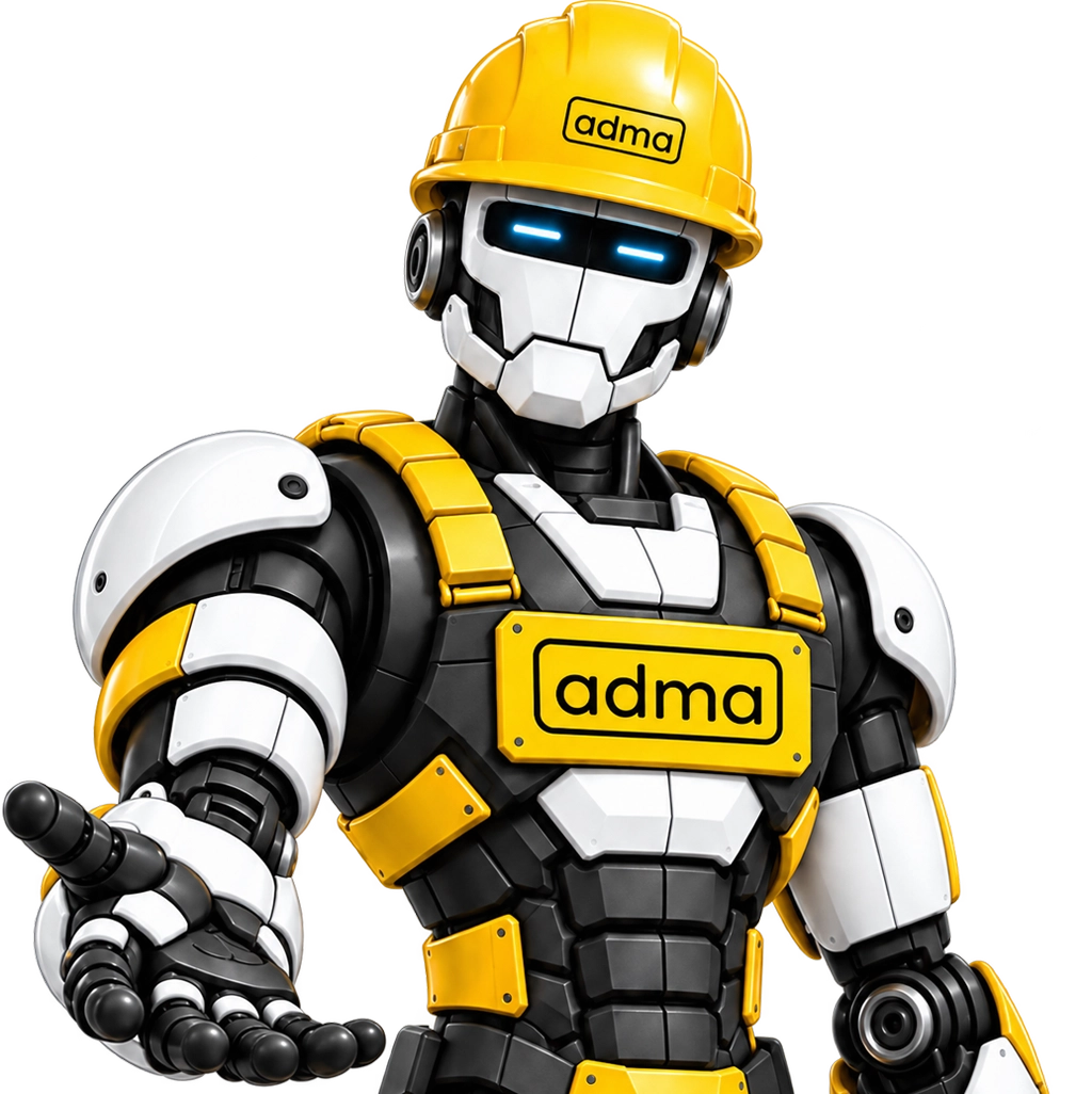 The ADMA robot, wearing a yellow hard hat, extending a hand, built for Home Services