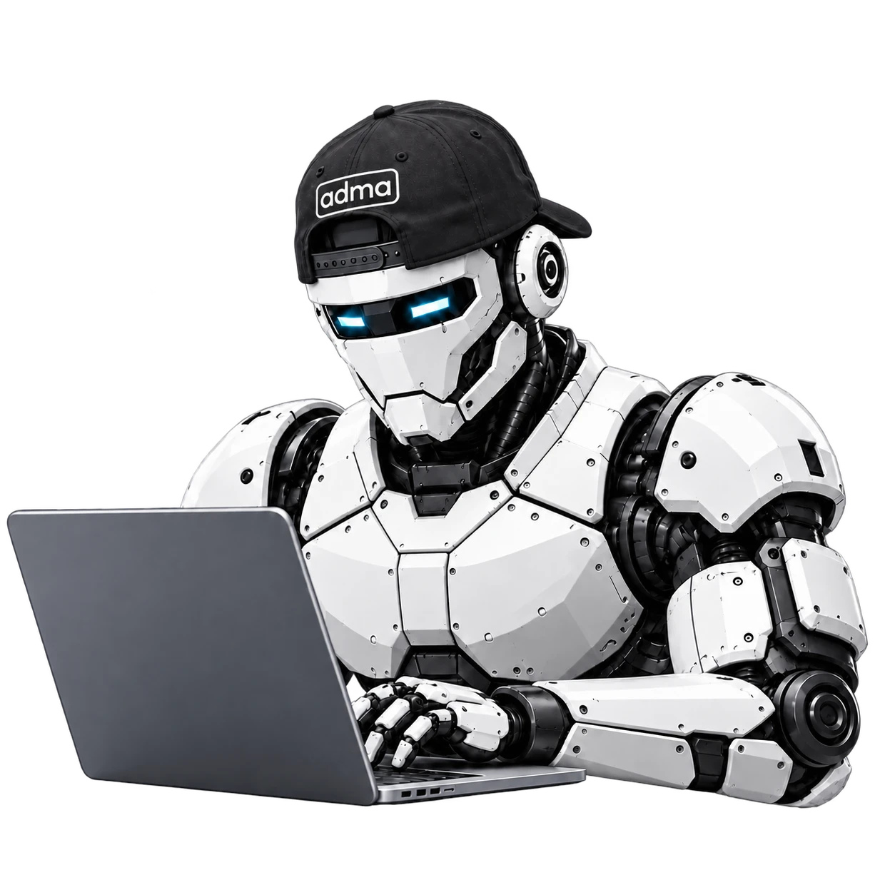 The ADMA robot, wearing an ADMA cap, working at a laptop