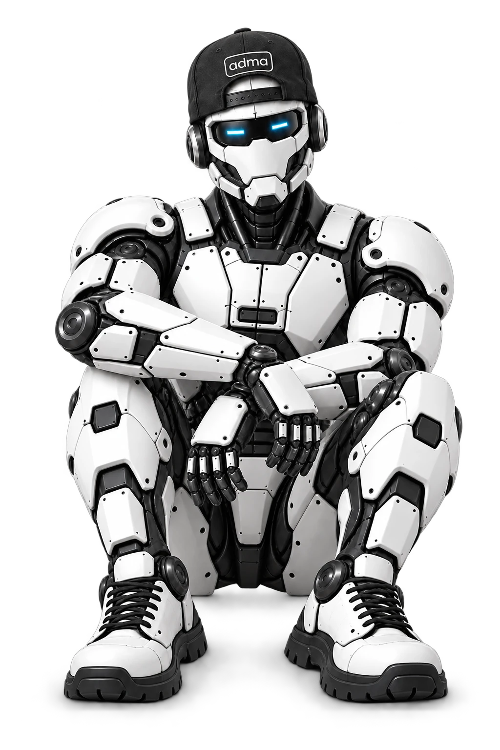 The ADMA robot, wearing an ADMA cap, crouched in a relaxed pose