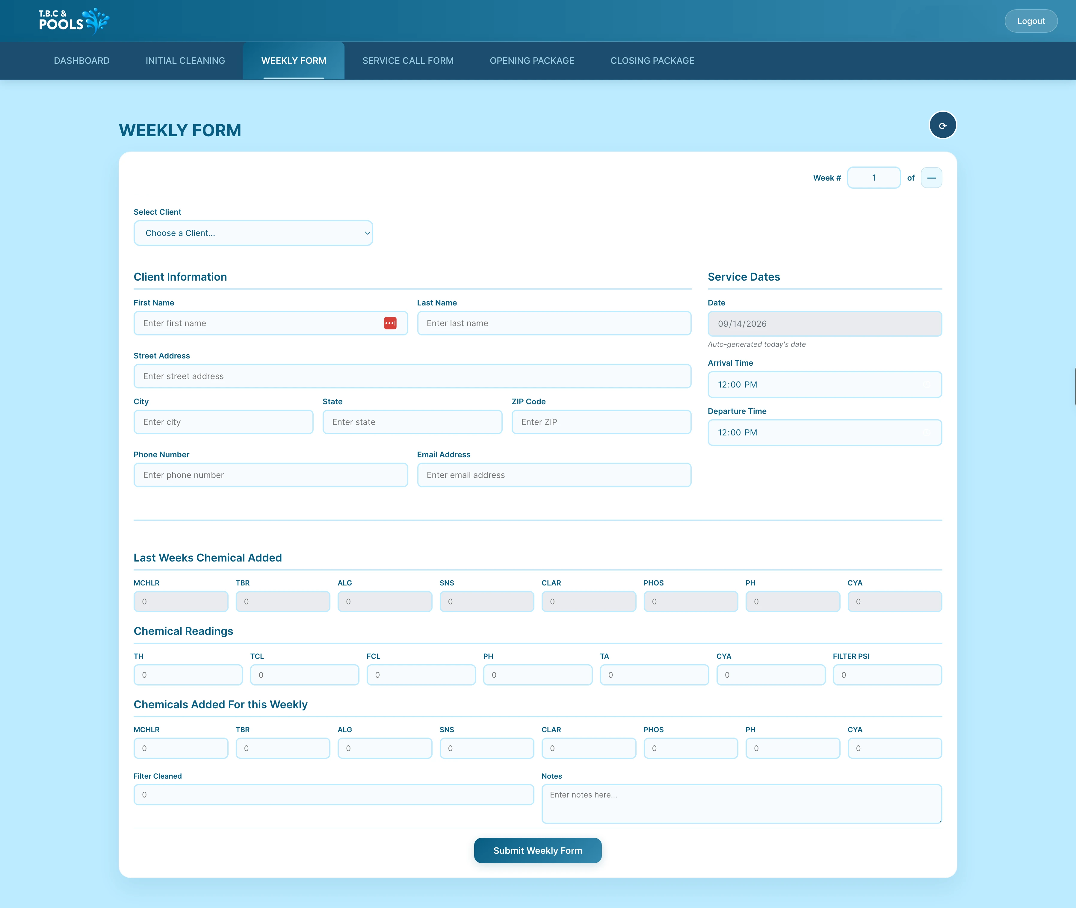 TBC & Pools Weekly Service form — the custom field-operations backend